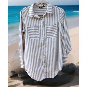 A.N.A. Womens Blouse Size S White Stripe Long Sleeve Button Up Front Top Shirt